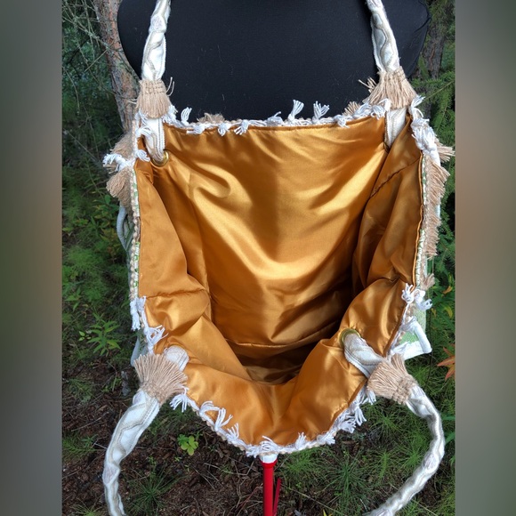 Brown Green Cream Stripe Recycled Carpet Tote Bag Purse Gold Lining Tapestry - Picture 4 of 10